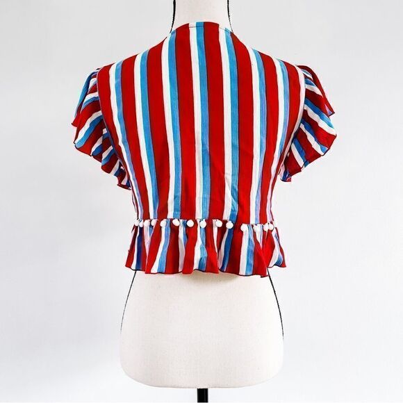 Lovers and Friends Waves For Days Crop Top Ruffle Sleeve Americana Stripe Sz S - Picture 5 of 7